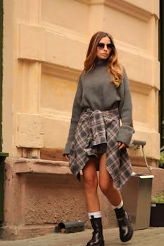 Stylish woman in sweater and boots walking down a city sidewalk.