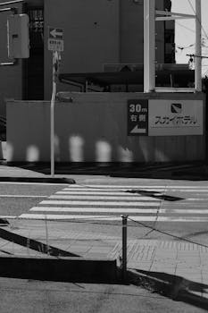Black and white image of a city street with a crosswalk and hotel sign, adding urban ambiance.