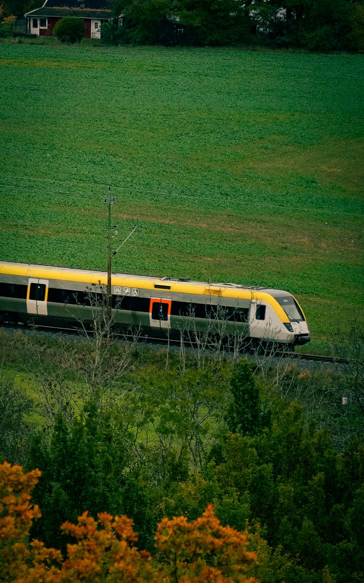 Swedish Electric Train Regina Running Through The Fields