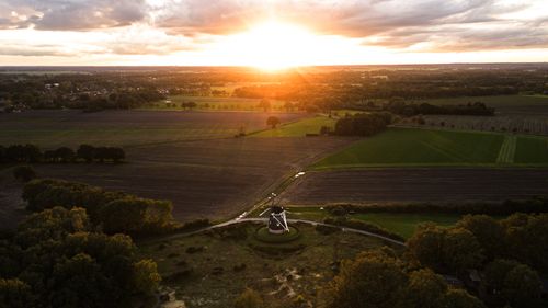Free Breathtaking aerial view of Ruinen landscape with fields and sunset sky. Stock Photo