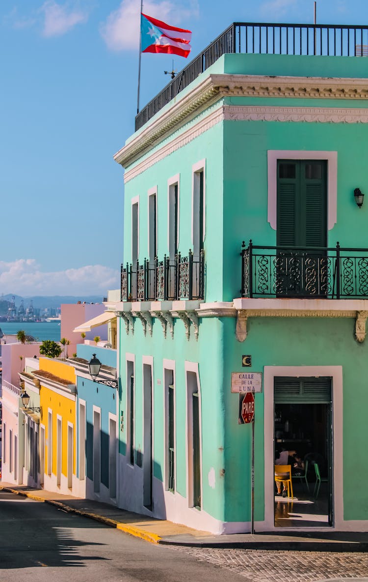 Turquoise House By Street Of San Juan In Puerto Rico