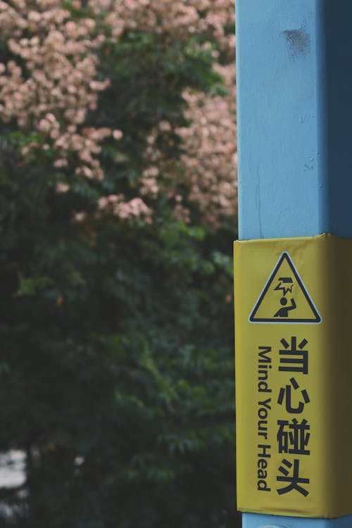 Yellow Warning Sign Written in Western and Non-western Letters