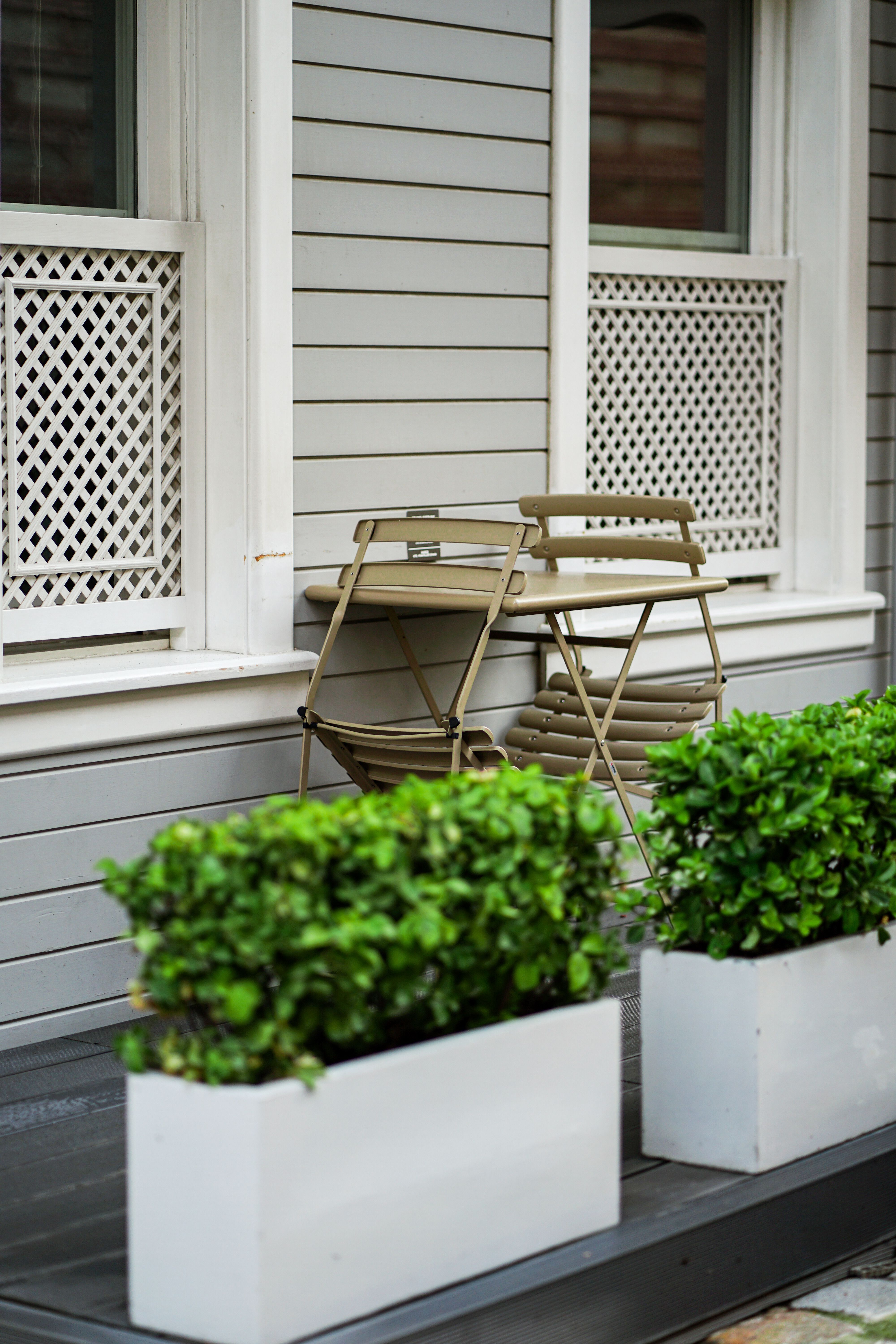 Side patio design with white lattice privacy screen attached to a wooden fence, with climbing jasmine growing on it