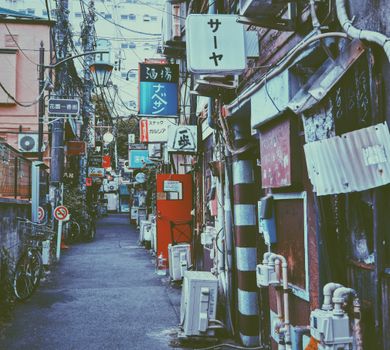 Explore a vibrant narrow alley in Tokyo, showcasing colorful signs and urban hustle.