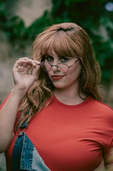 一位戴着圆眼镜、穿着红色衬衫的女人，在户外露出俏皮的表情微笑着