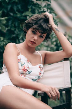 一位时尚女性留着短发，穿着花卉上衣，在夏季的户外摆姿势