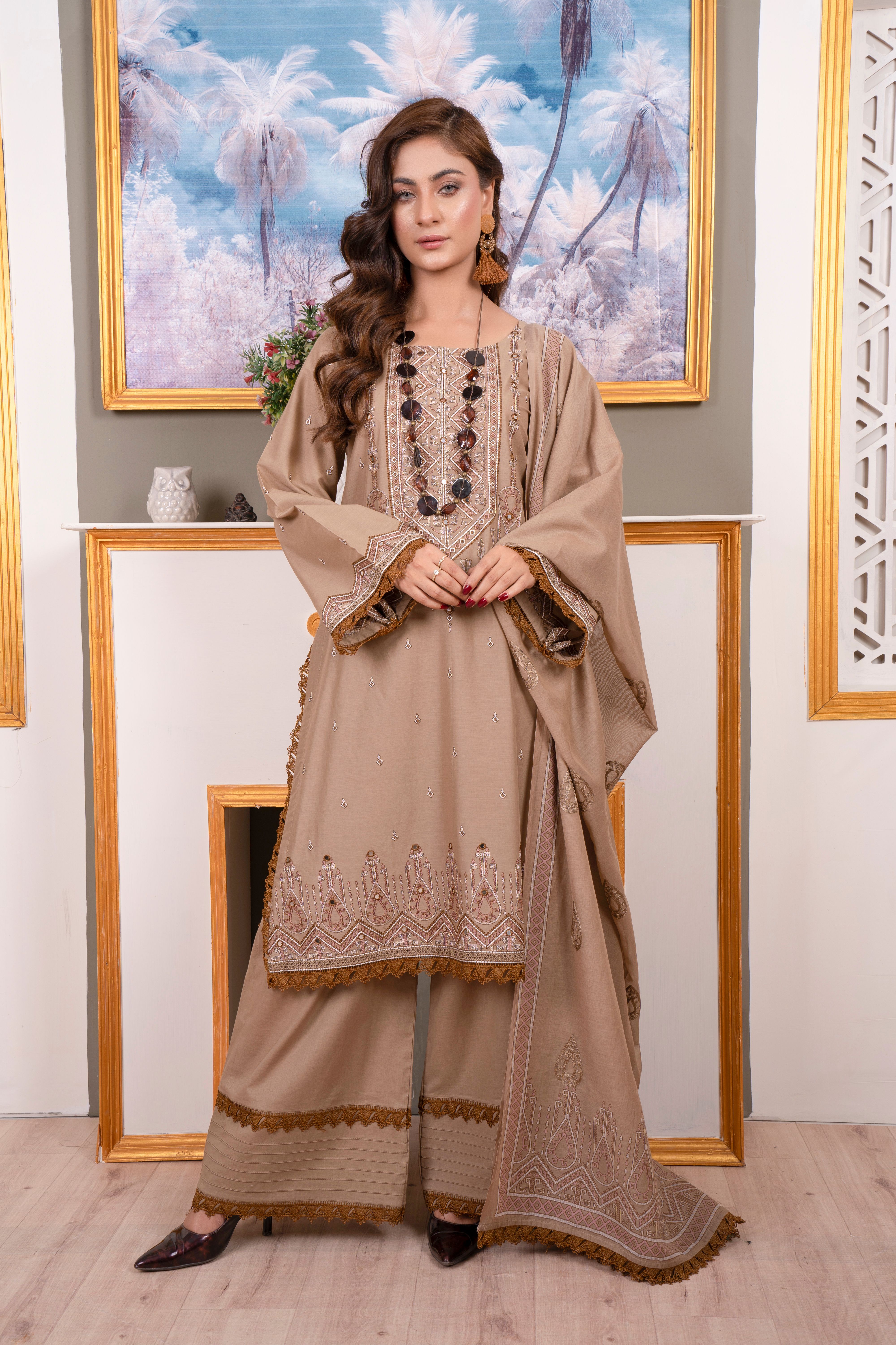 Elegant portrait of a woman in traditional embroidered attire, showcasing Pakistani fashion.