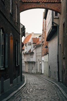 Quaint cobblestone alley with historic houses in Lübeck, Germany, showcasing medieval architecture. by Gül Işık