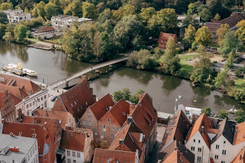 Aerial View of Houses in Lubeck near the River Trave, Lubeck, Germany 