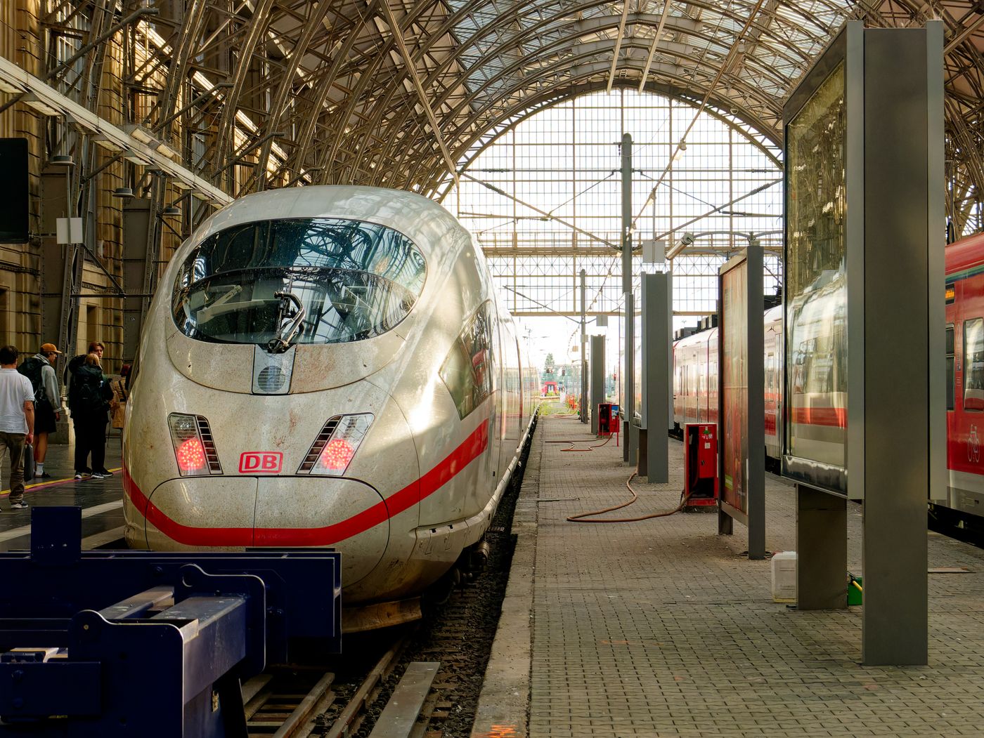 European train station at dusk