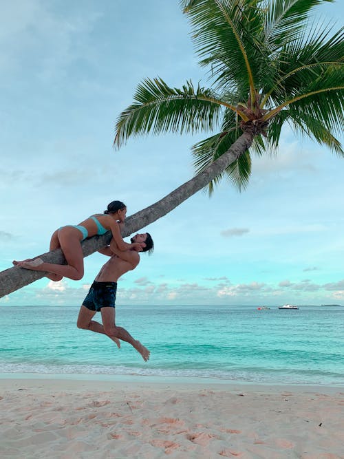 Happy Couple Playing on Tropical Palm Tree at Beach