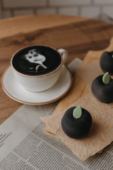 A cup of black coffee with latte art and black fondant desserts on a wooden table.