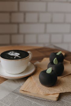 Moody cafe scene featuring a coffee cup with latte art and black velvet snacks on a wooden table.