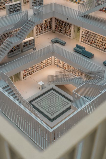 Aerial view of the modern and minimalist Stuttgart Public Library interior with geometric design.