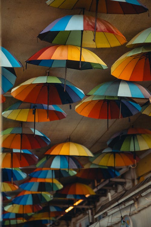 Colorful Umbrellas Hanging under the Ceiling 
