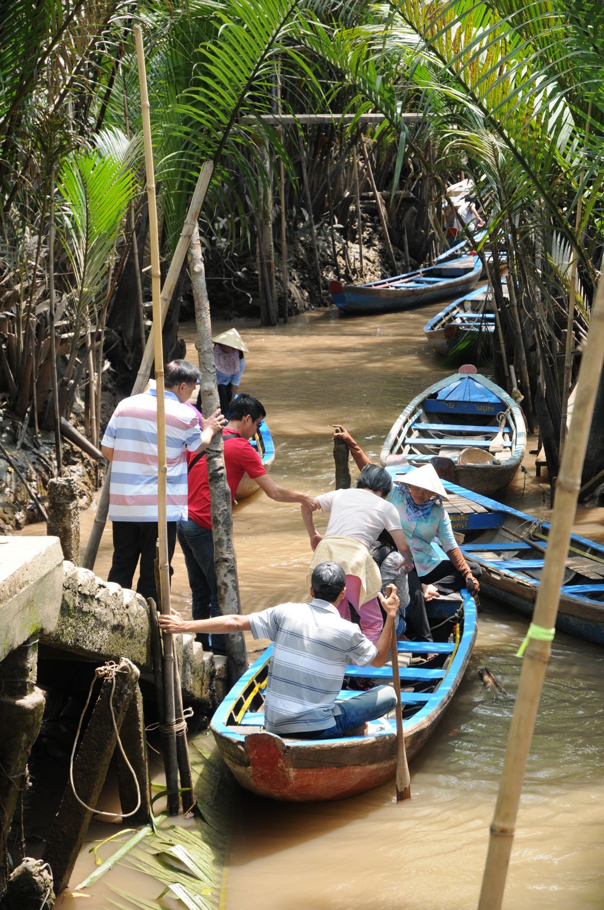 Small boat travelling along a palm-lined Mekong Delta waterway
