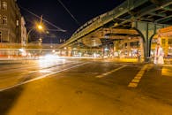 夜晚，柏林地铁桥下的光径与充满活力的城市十字路口交相辉映