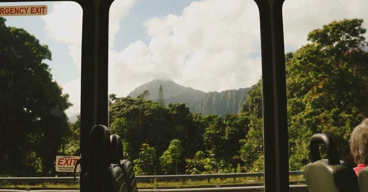 View of lush Hawaiian mountains through a bus window, capturing nature's serenity.