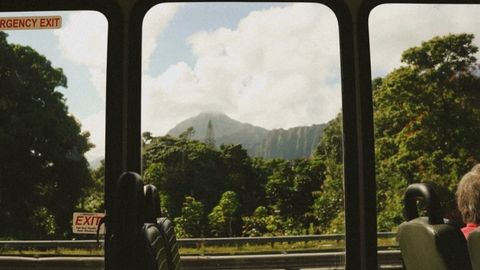 View of lush Hawaiian mountains through a bus window, capturing nature's serenity.
