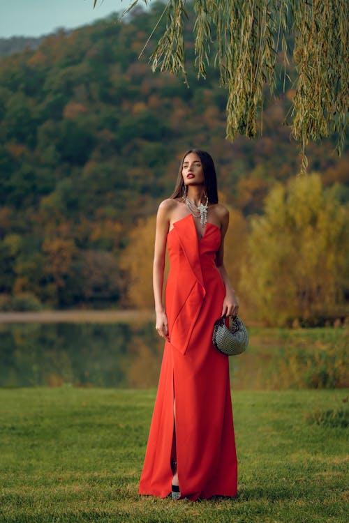 Woman in Red Dress and with Bag