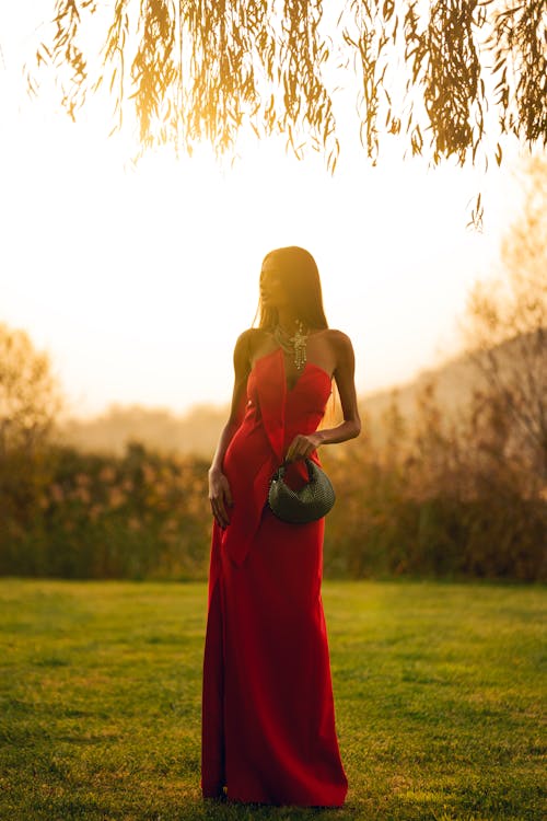 Model in Red Dress at Sunset