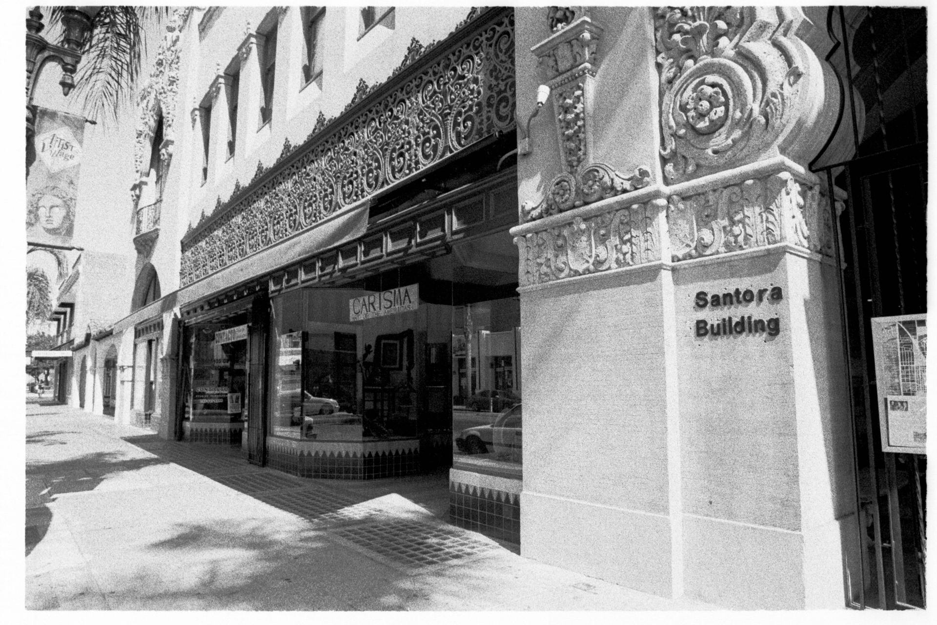 Black and white photo of the Santora Building entrance in Santa Ana, CA.