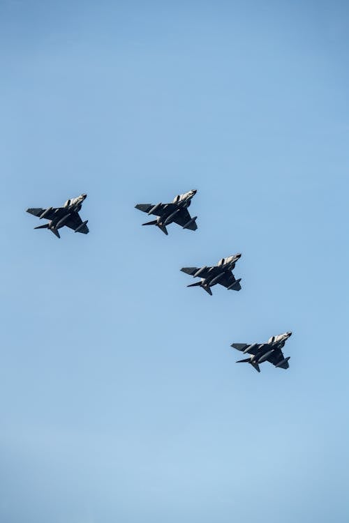 View of Military Jets on the Background of Blue Sky 