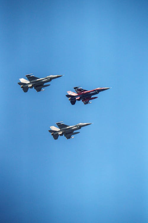 View of Military Jets Flying against Blue Sky 