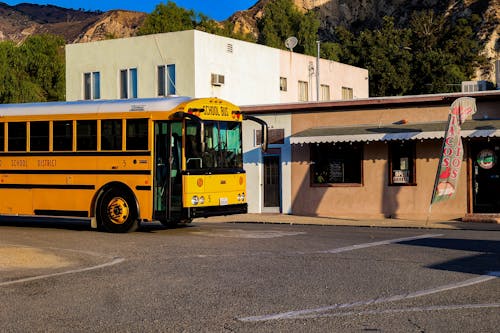 Imagine de stoc gratuită din autobuz galben, autobuz școlar, case