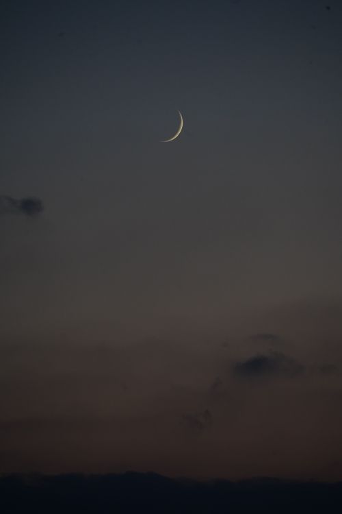 Free A tranquil evening scene featuring a crescent moon in a darkening sky. Stock Photo