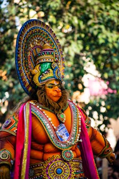 Colorful Hindu festival costume with intricate detailing and headdress outdoors.