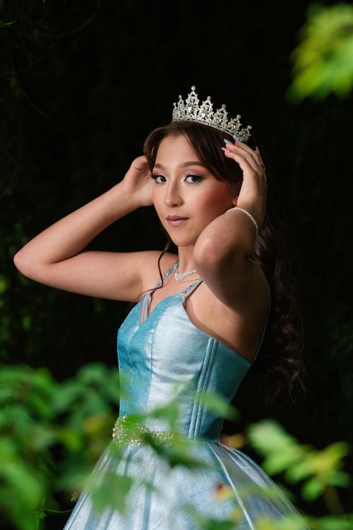 Free A young woman poses gracefully wearing a tiara and elegant blue dress in a lush garden setting. Stock Photo