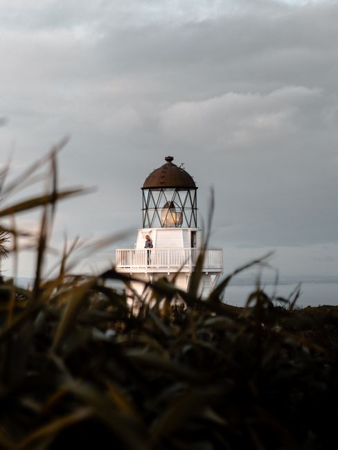 Captivating view of a lighthouse against a moody twilight sky, framed by dark foliage.