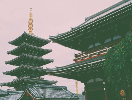 A serene view of a classical Japanese pagoda and temple with intricate roof designs.