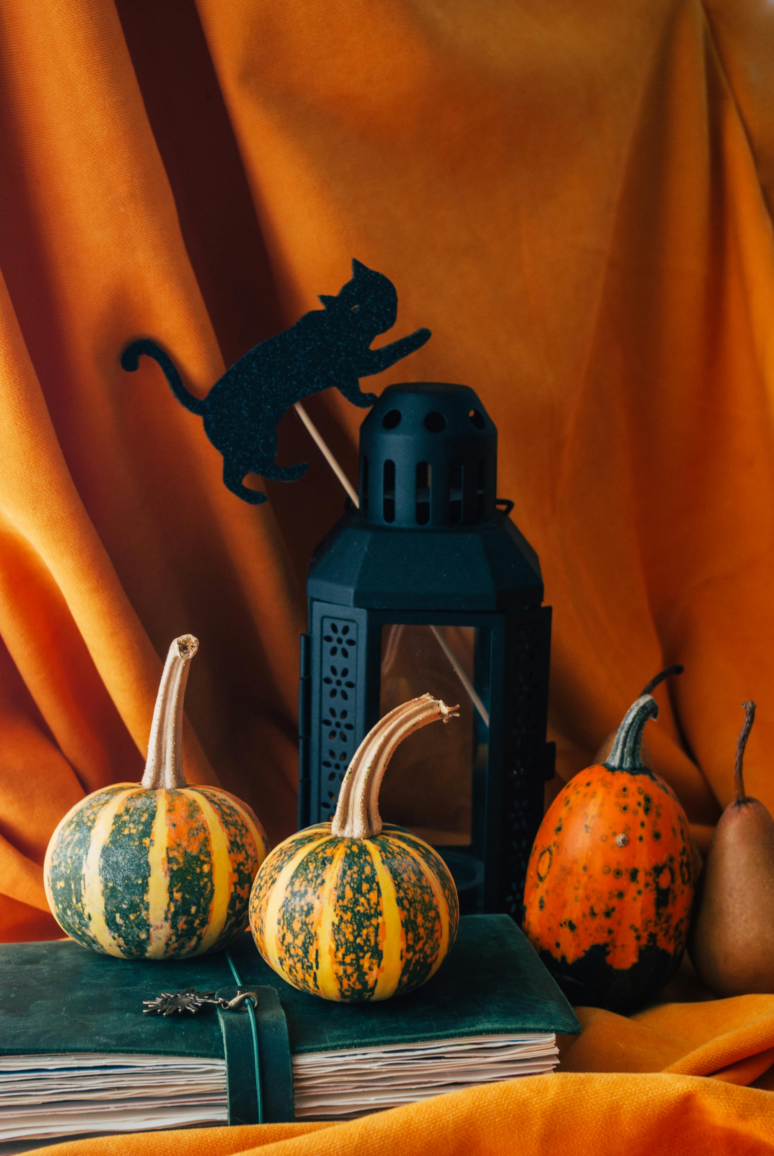 Festive Halloween setup with ornamental pumpkins and lantern on orange draped background.