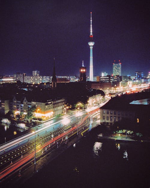 Mill Dam and TV Tower in Berlin at Night