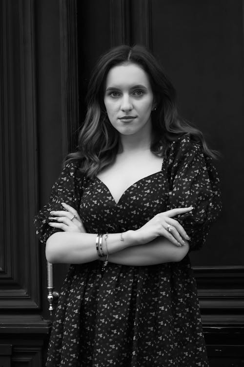 Portrait of Woman in Sundress and with Arms Crossed in Black and White