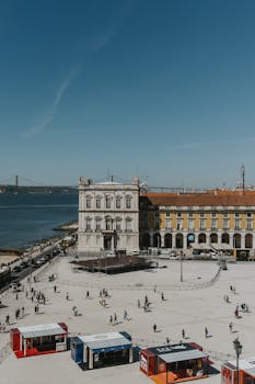 Scenic aerial view of Praça do Comércio in Lisbon with Tagus River in the background.