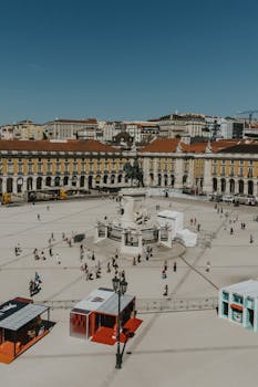 Aerial view of Praça do Comércio in Lisbon with its iconic statue and bustling square.