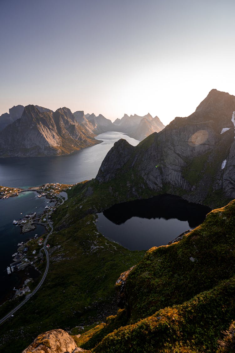 Rocky Hills Around Lakes At Sunset