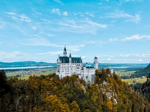 Free Stunning aerial shot of Neuschwanstein Castle surrounded by lush forests in Bavaria, Germany. Stock Photo