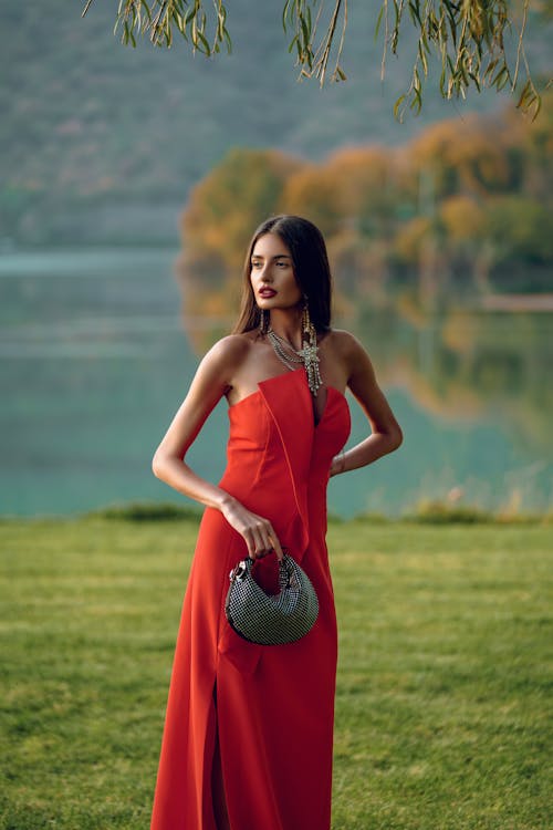 Model in Red Dress and with Bag