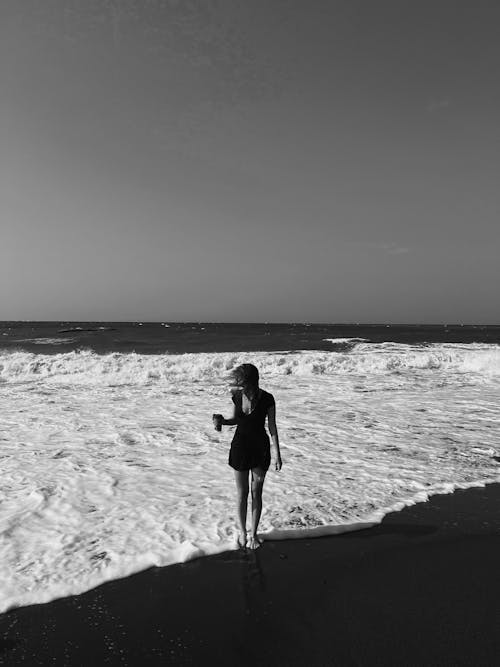 Woman on Sea Shore in Black and White