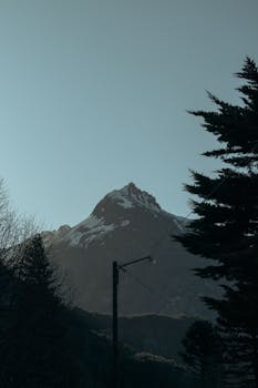 Captivating view of a snowy mountain peak amidst trees in Bariloche, Argentina.