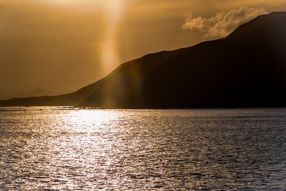 Interislander ferry sailing through the Marlborough Sounds between Wellington and Picton, New Zealand