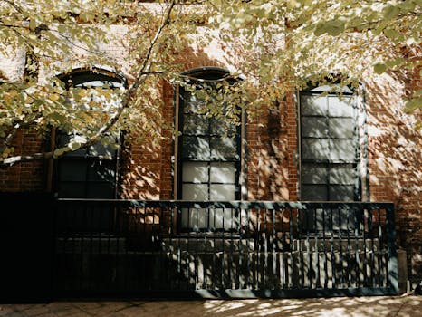 Brick building facade with sunlight filtering through trees, casting shadows on windows. Urban and architectural scene.