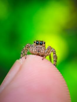 Macro shot of a tiny jumping spider standing on a human finger, vibrant background.