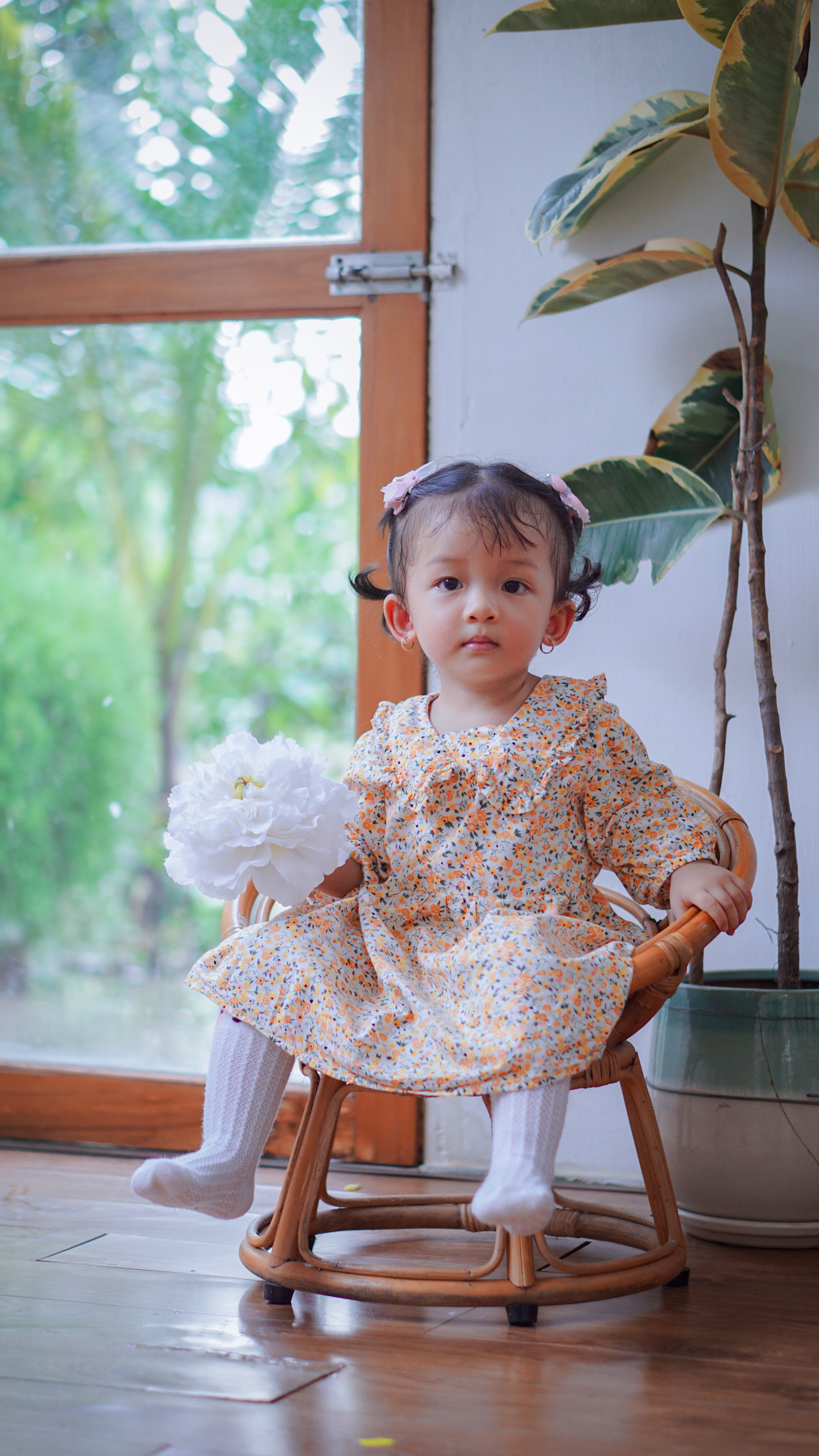 Tiny Girl Sitting in a Wicker Chair Holding a Flower · Free Stock Photo
