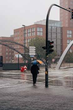 A pedestrian holds an umbrella at a crosswalk in rainy Hamburg, Germany.