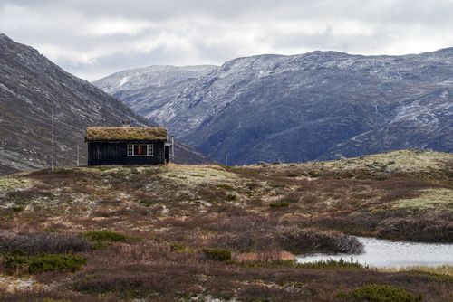 Free A traditional wooden cabin with grass roof in Hemsedal, Norway's mountainous landscape. Stock Photo